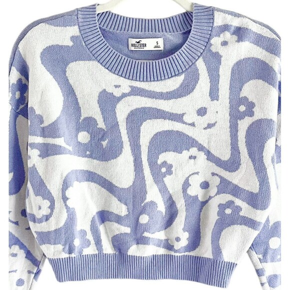 Hollister Purple Cropped Pullover S Groovy Hippie Sweater White Floral Waves - Picture 2 of 8
